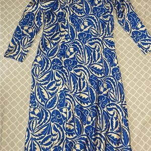 Zara Blue and Cream Leaf Pattern Dress